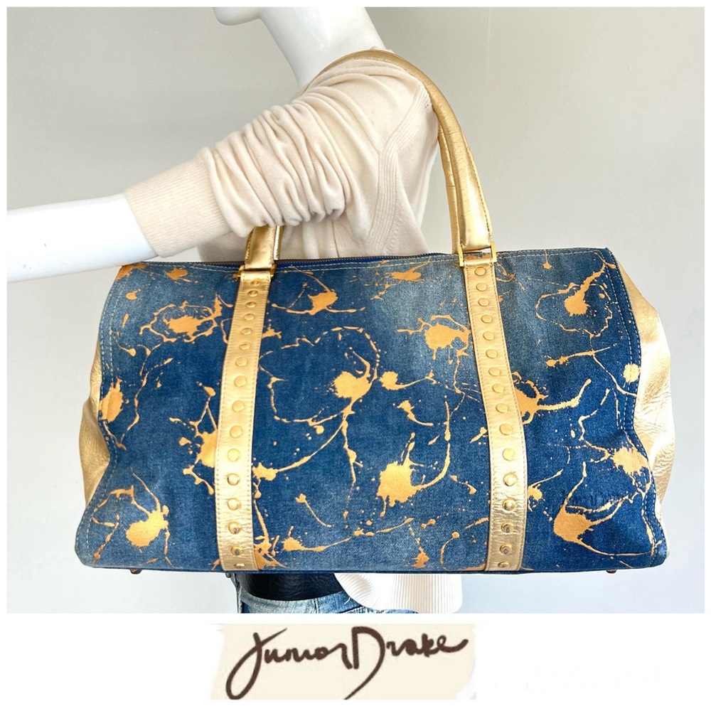 JUNIOR DRAKE Metallic Gold Studded Leather Blue Denim Weekender Oversized Tote